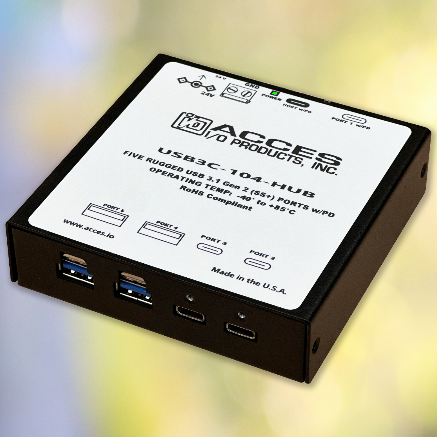Rugged industrial USB 3.2 Gen 2 hub with 5 ports including Type-C and Type-A for embedded systems